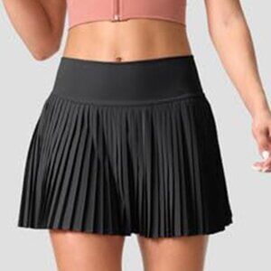OTOS Athletic High Waisted Pleated Tennis Skirt Skort Pockets Built Shorts Blk L